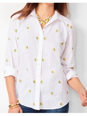 Talbots White Button-Down Shirt with Small Yellow Lemons Embroidery 2X